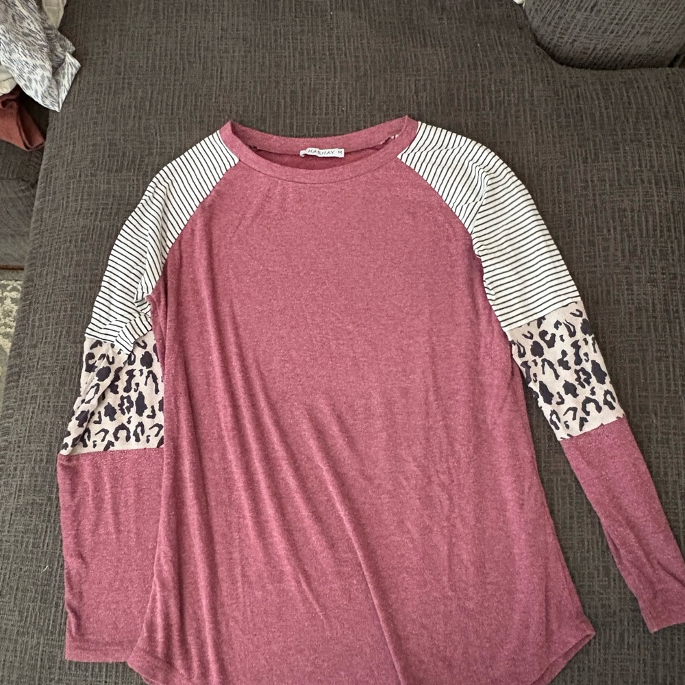 Women's Pink Long Sleeve Top with Striped and Leopard Print Sleeves
